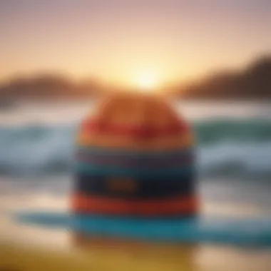 A close-up of a vibrant surfing beanie resting on a surfboard