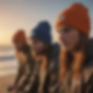 A group of surfers wearing beanies on the beach during sunset