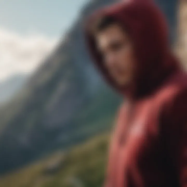 An adventurer wearing the Velvet Champion Hoodie against a dramatic outdoor backdrop.