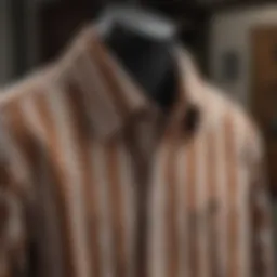 A stylish brown and white striped shirt displayed on a hanger, showcasing its intricate fabric texture.
