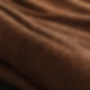 Close-up of different fabric materials used in brown sweaters.