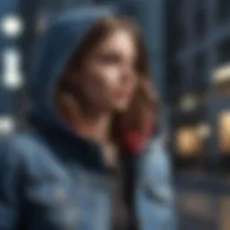 A stylish denim jacket with a hood showcased in an urban setting