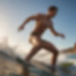 Thick mesh shorts designed for surfing in action at the beach