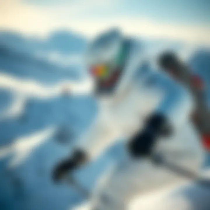 Performance in Extreme Sports An athlete wearing a white bubble coat while engaging in extreme sports on snowy mountains