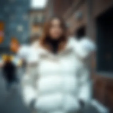 Urban Fashion Statement A fashionable model wearing a white bubble coat in an urban setting during winter