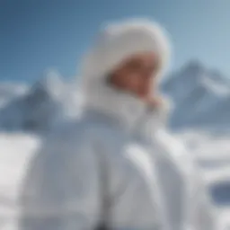 A white puff coat displayed against a snowy mountain backdrop