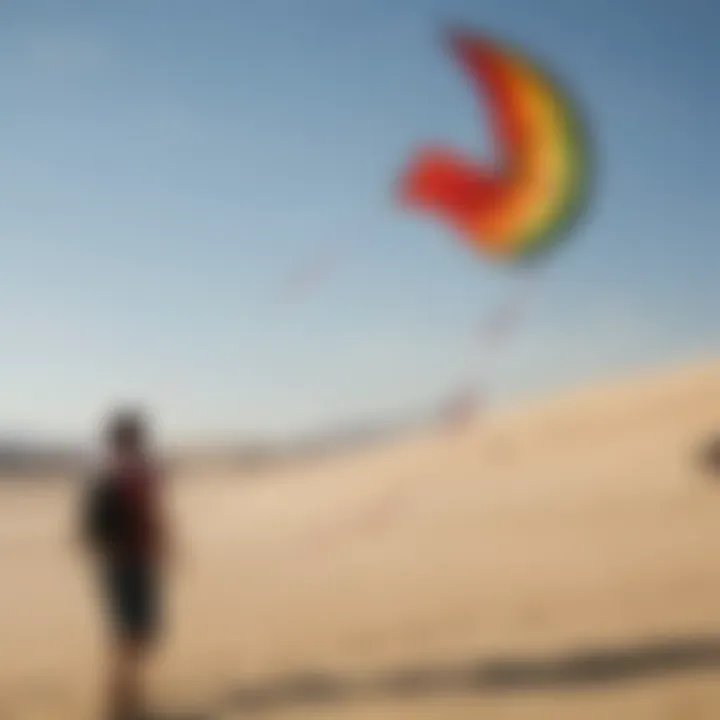 A competitive kite-flying event with participants and colorful kites in motion