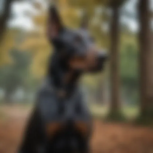 Black Doberman standing proudly in a park