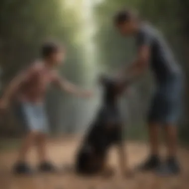 Playful Interaction Between Black Doberman and Child Black Doberman playing with a child