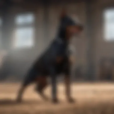 Focused Black Doberman Engaged in Training Black Doberman in a training session with an owner