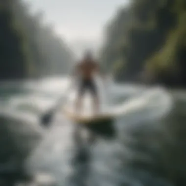 An aerial view of a paddleboarder navigating through varied environmental conditions