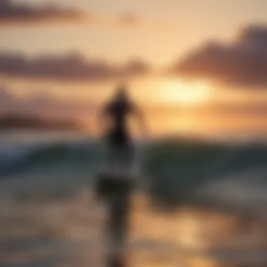 A serene sunset backdrop with skurfers maneuvering on calm waters