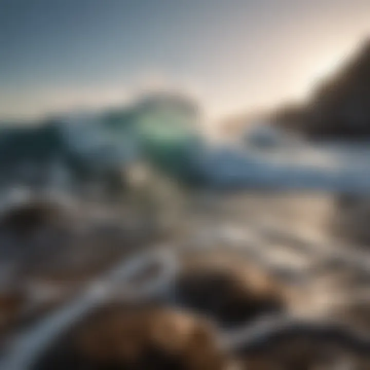 Ocean waves crashing on a rocky shore under a clear sky