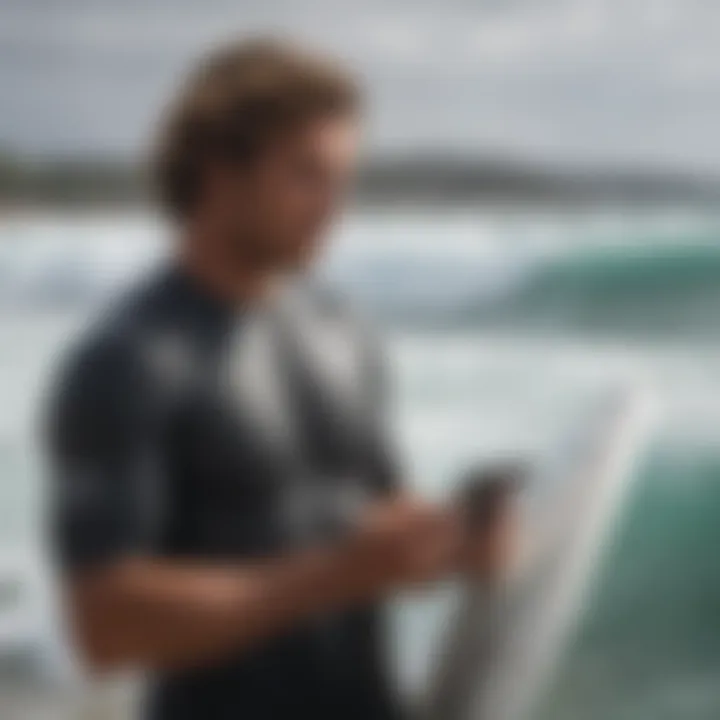 Surfer checking swell forecasts on a mobile device