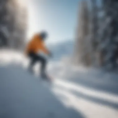 Snowboarder in Bright Sunlight and Snow A snowboarder navigating through a snowy landscape with bright sunlight