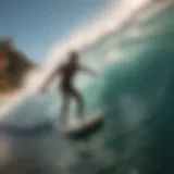 A surfer riding a powerful wave under scorching sun