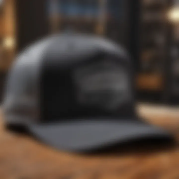 Black and gray trucker hat displayed on a rustic wooden surface