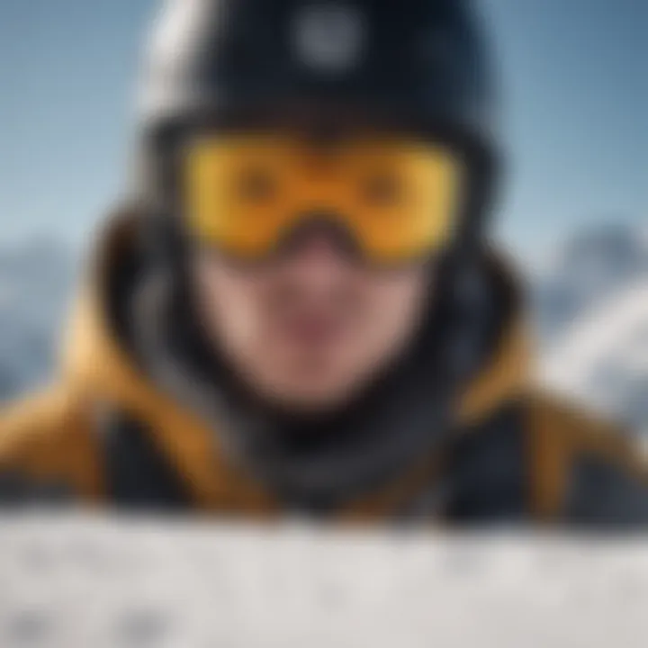 Close-up of a snowboarder preparing to descend with focus on the snowboard's specifications.