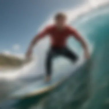 Dynamic view of a surfer riding a wave with emphasis on the surfboard's bar size.