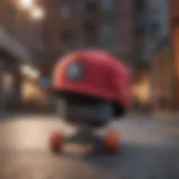 A vibrant skater hat on a skateboard in an urban setting