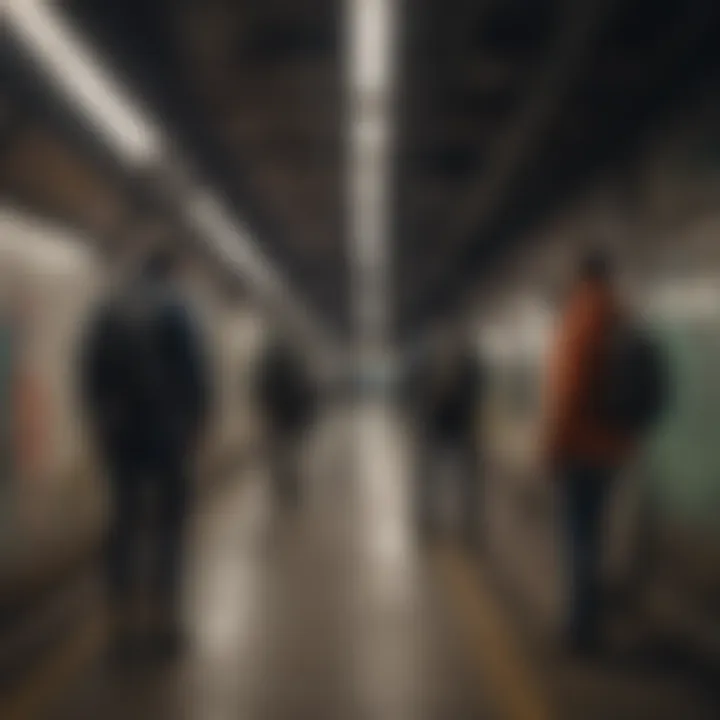 A group of explorers navigating through an abandoned subway station