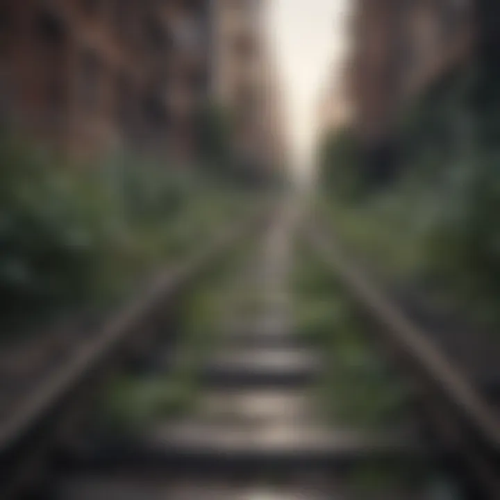 An overgrown railway track leading to forgotten urban landscapes