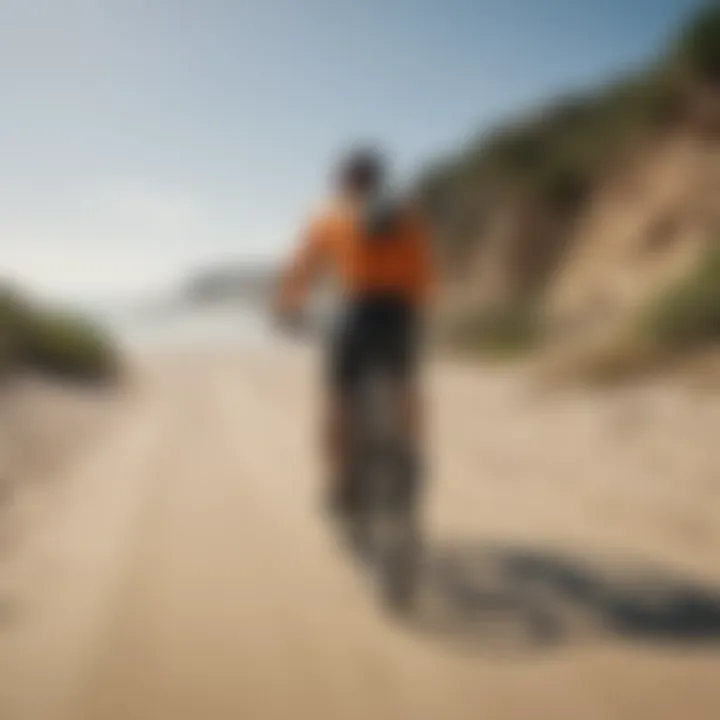 An enthusiastic cyclist navigating trails with a surfboard trailer in tow