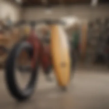 An overview of different surfboard bike trailer designs displayed at a bike shop