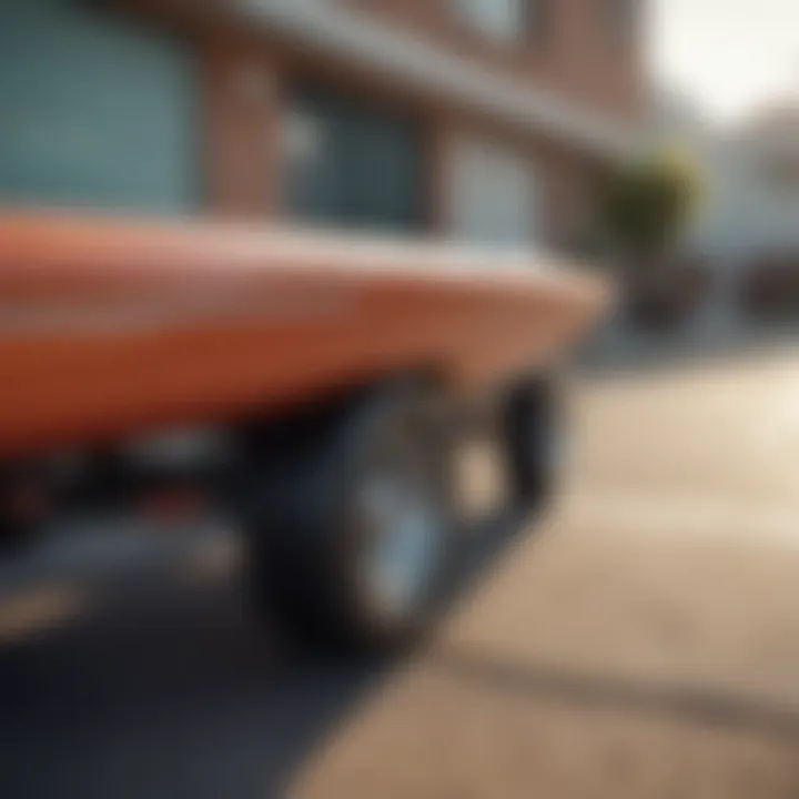 Close-up of a surfboard securely strapped onto a bike trailer, emphasizing safety features