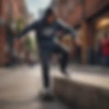 Skateboarding Adventure in a Vans After Party Hoodie A skateboarder performing a trick while wearing the Vans After Party Hoodie in an urban setting