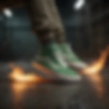 Athlete in Action with Vans Green Flame An athlete performing a trick while wearing Vans Green Flame shoes.