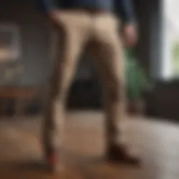 A stylish pair of slim chinos displayed on a wooden table.