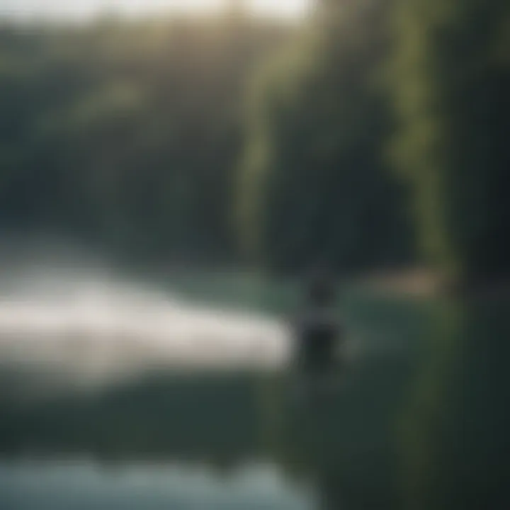 A serene lake setting with a wakeboarder being pulled by a winch