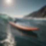 A dynamic shot of a water foil surfboard gliding above waves