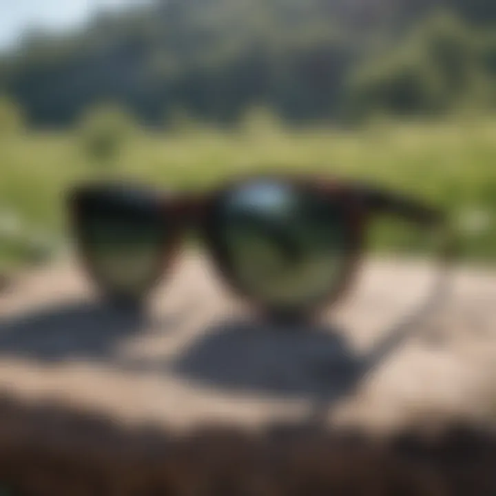 A vibrant outdoor scene showcasing various sunglasses against nature