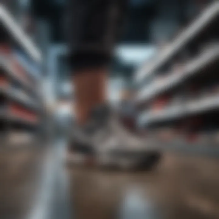 Person examining Reebok shoes in a sports store.