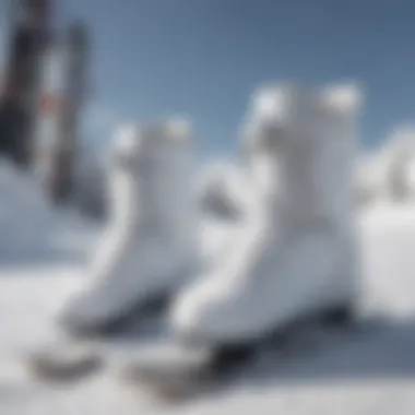 Stylish white snowboard bindings on a snowy backdrop