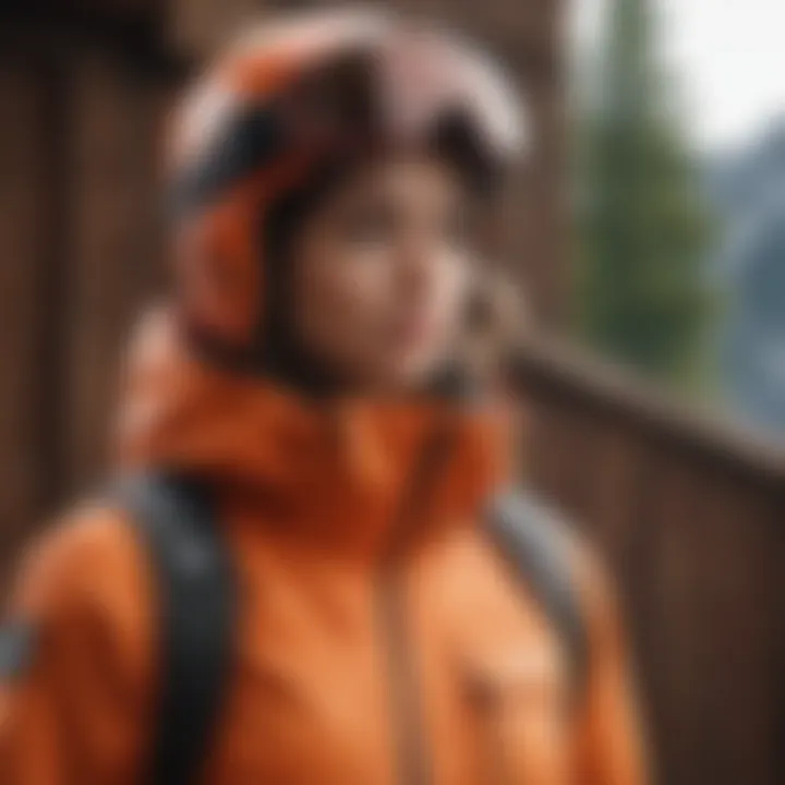 A vibrant snowboard jacket displayed on a wooden background