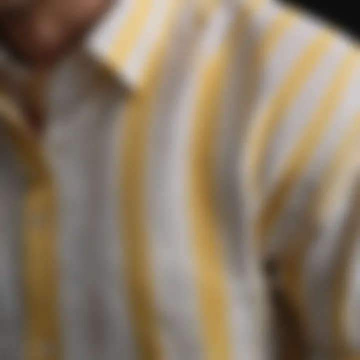 Close-up of the fabric features of the yellow and white striped shirt